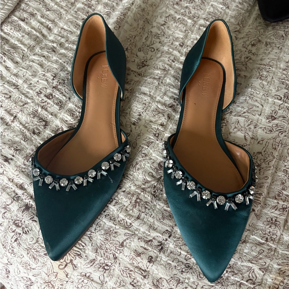 J. Crew green Satin flats with Crystal Embellishments